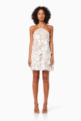 model wearing Callista floral 3D mini dress in ivory front shot