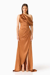 Brunette model wearing the Isadora Off The Shoulder Gown in Brown front shot