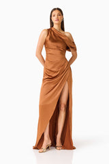Brunette model wearing the Isadora Off The Shoulder Gown in Brown posed hands behind hips shot
