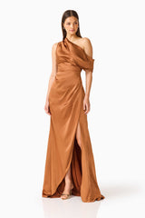 Brunette model wearing the Isadora Off The Shoulder Gown in Brown posed looking away shot