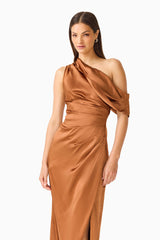 Brunette model wearing the Isadora Off The Shoulder Gown in Brown close up shot