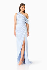 Brunette model wearing the Isadora Off The Shoulder Gown in Pale Blue posed looking away shot 