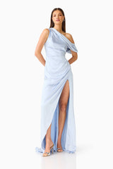 Brunette model wearing the Isadora Off The Shoulder Gown in Pale Blue posed shot 