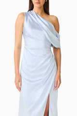Brunette model wearing the Isadora Off The Shoulder Gown in Pale Blue detail shot 