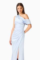Brunette model wearing the Isadora Off The Shoulder Gown in Pale Blue close up shot 