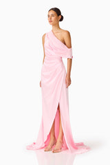 Brunette model wearing the Isadora Off The Shoulder Gown in Pale Pink side shot 