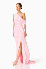 Brunette model wearing the Isadora Off The Shoulder Gown in Pale Pink posed shot 