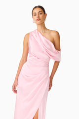 Brunette model wearing the Isadora Off The Shoulder Gown in Pale Pink close up shot 