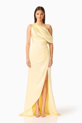 Brunette model wearing the Isadora Off The Shoulder Gown in Butter Yellow front shot 