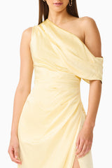 Brunette model wearing the Isadora Off The Shoulder Gown in Butter Yellow detail shot 