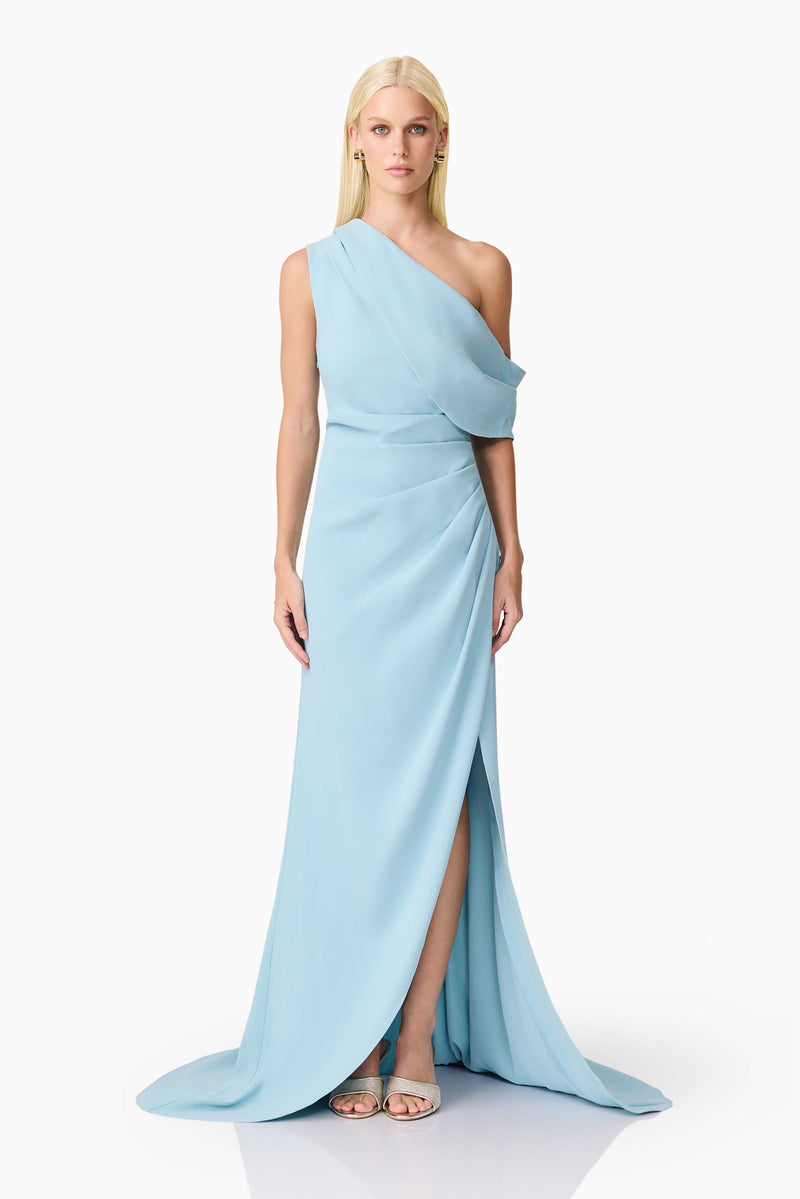 Blonde model wearing Isadora Off The Shoulder Gown in Blue front shot