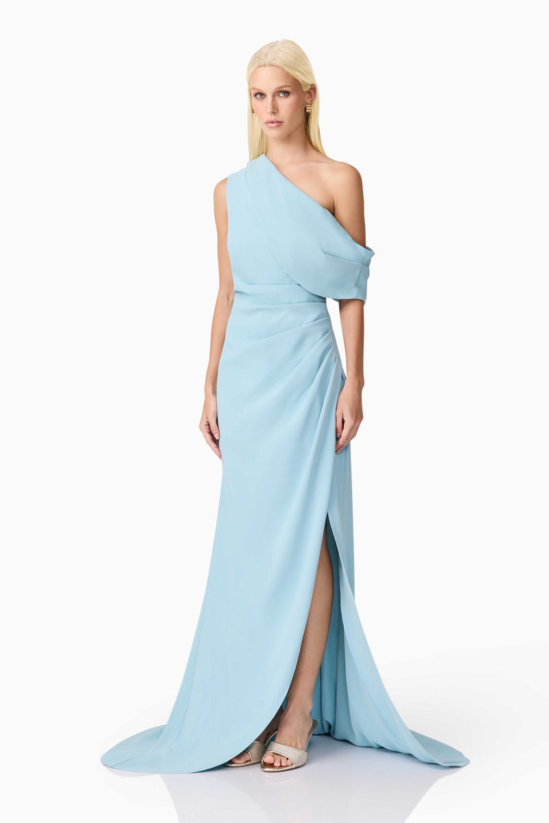 Blonde model wearing Isadora Off The Shoulder Gown in Blue side shot