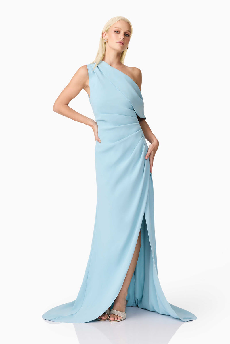 Blonde model wearing Isadora Off The Shoulder Gown in Blue posed shot