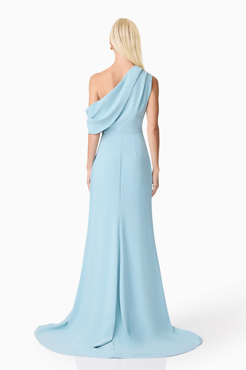 Blonde model wearing Isadora Off The Shoulder Gown in Blue back shot
