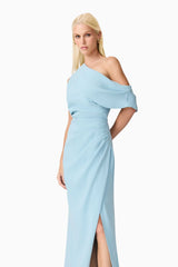 Blonde model wearing Isadora Off The Shoulder Gown in Blue close up shot