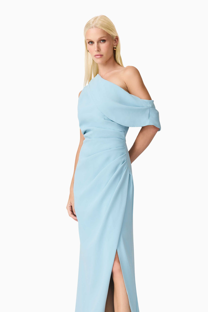 Blonde model wearing Isadora Off The Shoulder Gown in Blue close up shot