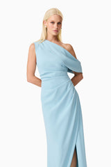 Blonde model wearing Isadora Off The Shoulder Gown in Blue close up posed shot