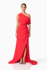 Brunette model wearing Isadora Off The Shoulder Gown in Red front shot