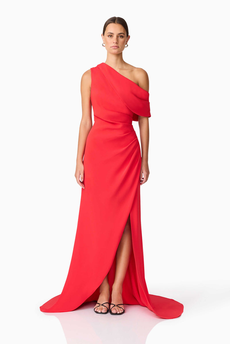 Brunette model wearing Isadora Off The Shoulder Gown in Red front shot