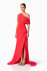 Brunette model wearing Isadora Off The Shoulder Gown in Red side shot