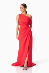 Brunette model wearing Isadora Off The Shoulder Gown in Red posed shot