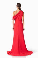 Brunette model wearing Isadora Off The Shoulder Gown in Red back shot