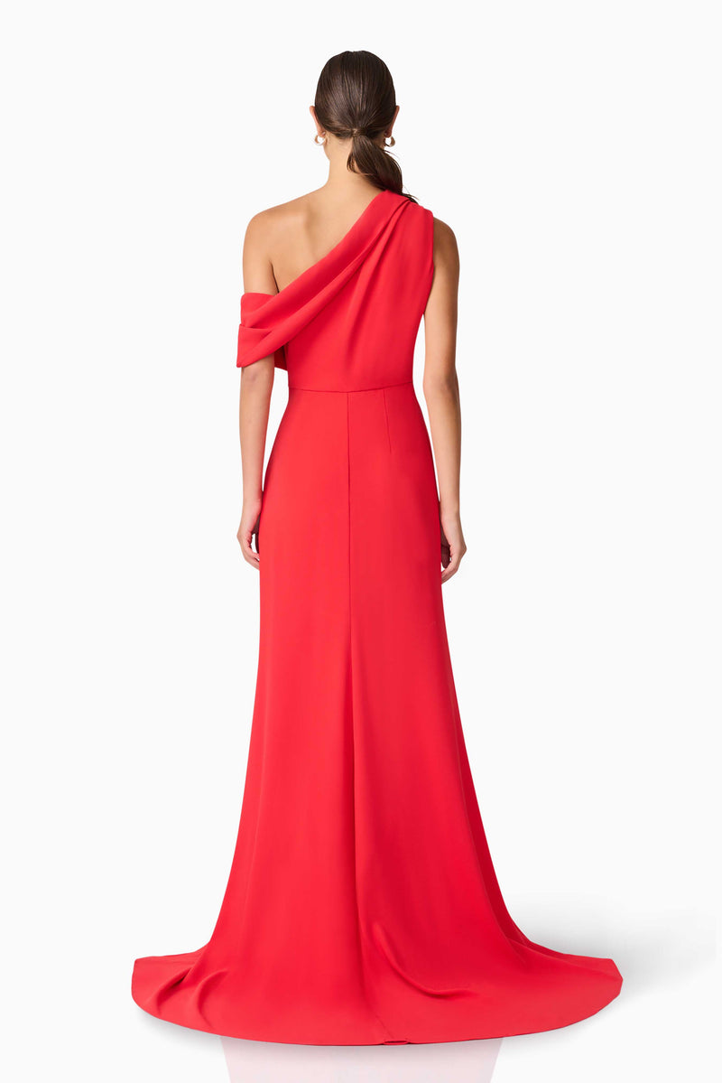 Brunette model wearing Isadora Off The Shoulder Gown in Red back shot