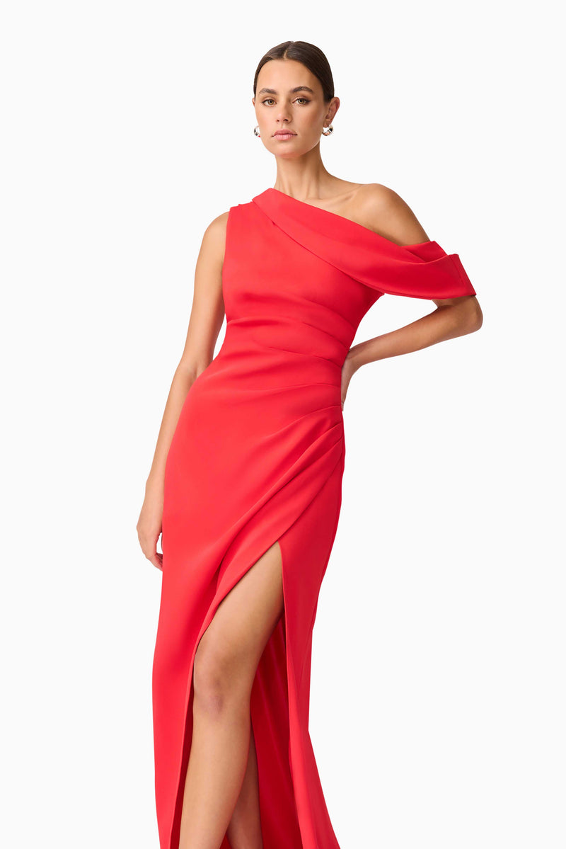 Brunette model wearing Isadora Off The Shoulder Gown in Red close up hand on hip shot
