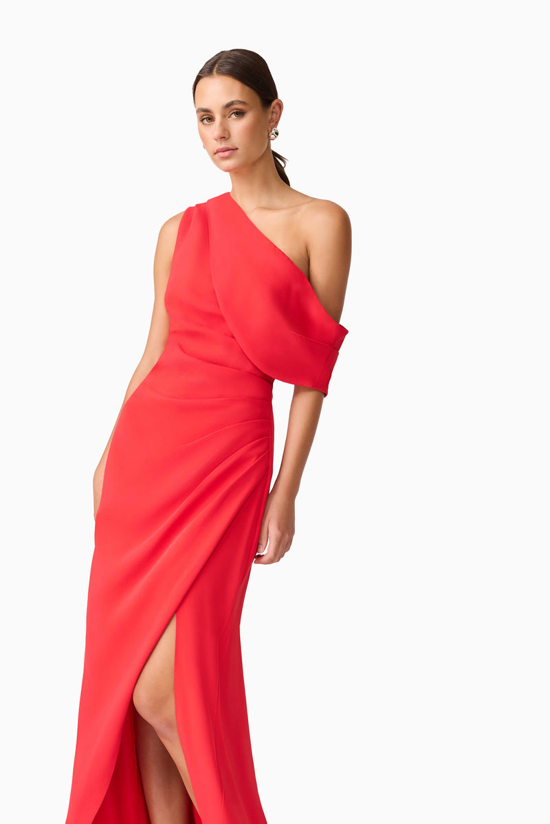 Brunette model wearing Isadora Off The Shoulder Gown in Red close up shot