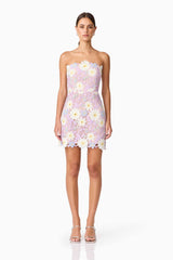 Brunette model wearing SIGRID STRAPLESS MINI DRESS front shot