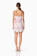 Brunette model wearing SIGRID STRAPLESS MINI DRESS back shot