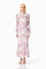 Blonde model wearing Sigrid Long Sleeve Midi Dress in Purple front shot