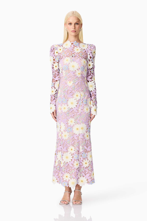 Blonde model wearing Sigrid Long Sleeve Midi Dress in Purple front shot