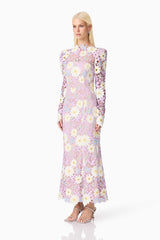 Blonde model wearing Sigrid Long Sleeve Midi Dress in Purple side shot