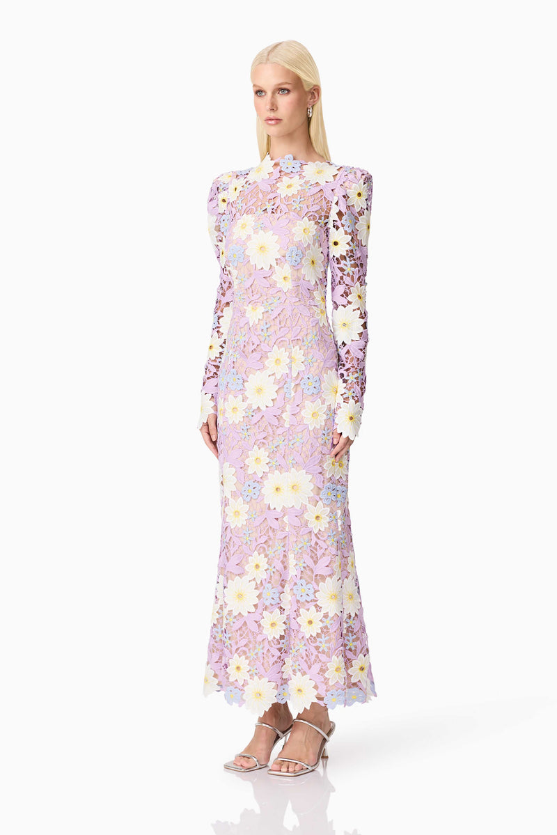 Blonde model wearing Sigrid Long Sleeve Midi Dress in Purple side shot