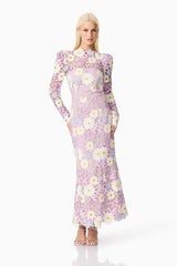 Blonde model wearing Sigrid Long Sleeve Midi Dress in Purple front shot hand on hips pose