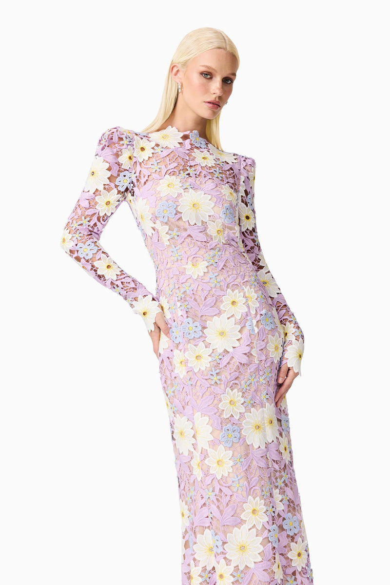 Blonde model wearing Sigrid Long Sleeve Midi Dress in Purple close up shot