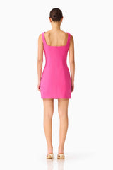 Brunette model wearing the Ilaria Party Mini Dress in Pink back shot