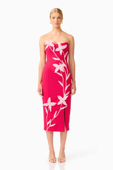 Blonde model wearing the Ilaria Strapless Midi Dress in Red front shot