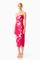 Blonde model wearing the Ilaria Strapless Midi Dress in Red side shot