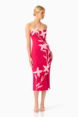 Blonde model wearing the Ilaria Strapless Midi Dress in Red posed shot