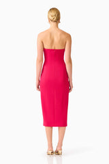 Blonde model wearing the Ilaria Strapless Midi Dress in Red back shot
