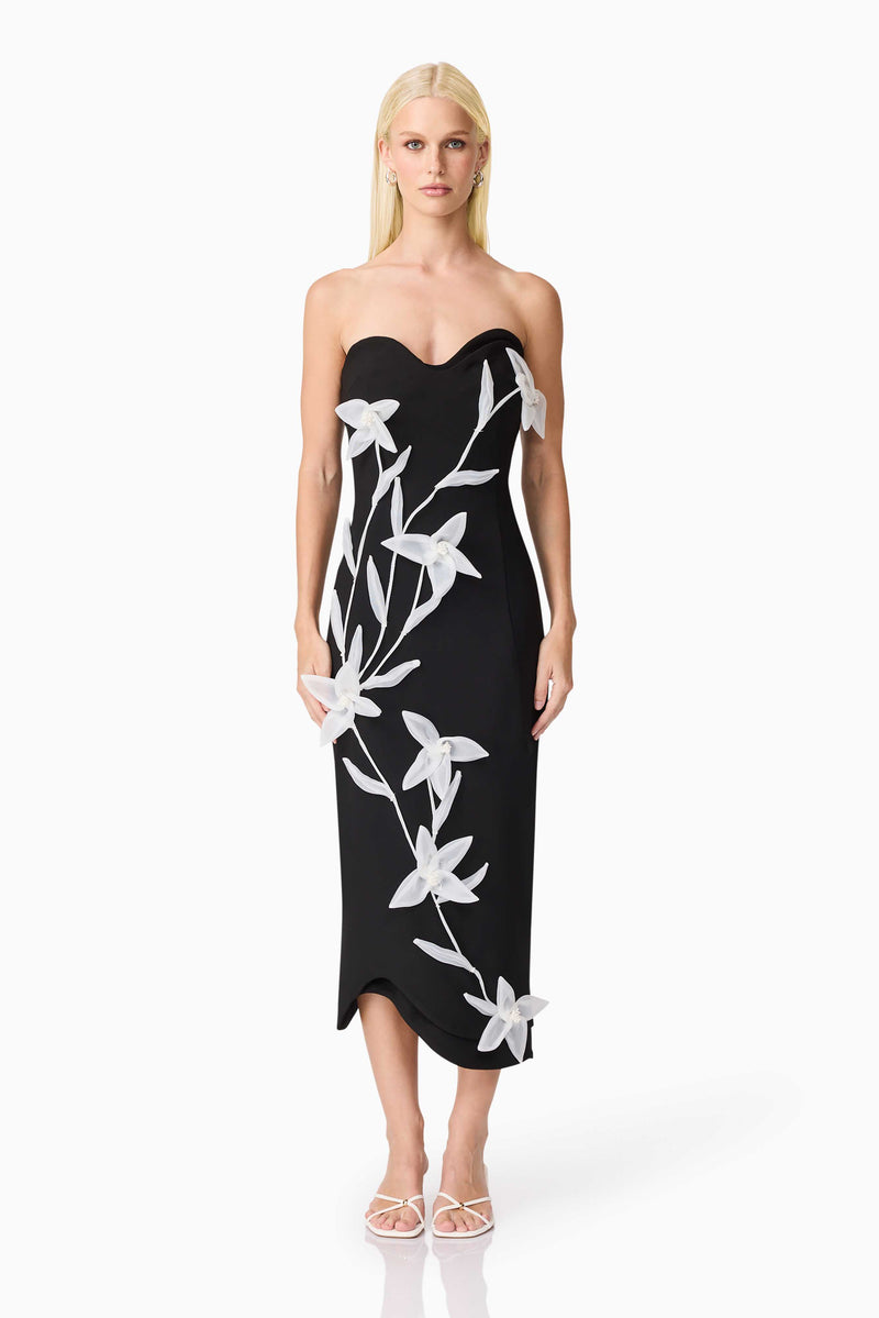 Blonde model wearing Ilaraia Sweetheart Midi Dress in Black front shot