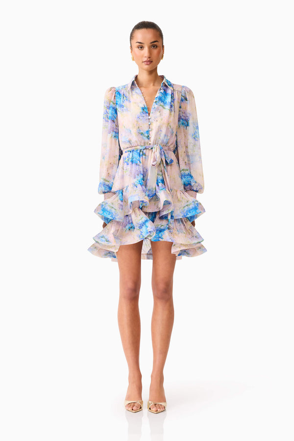 Brunette model wearing Briony Long Sleeve Mini Dress in Pink & Blue Floral front shot