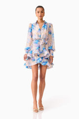 Brunette model wearing Briony Long Sleeve Mini Dress in Pink & Blue Floral posed shot