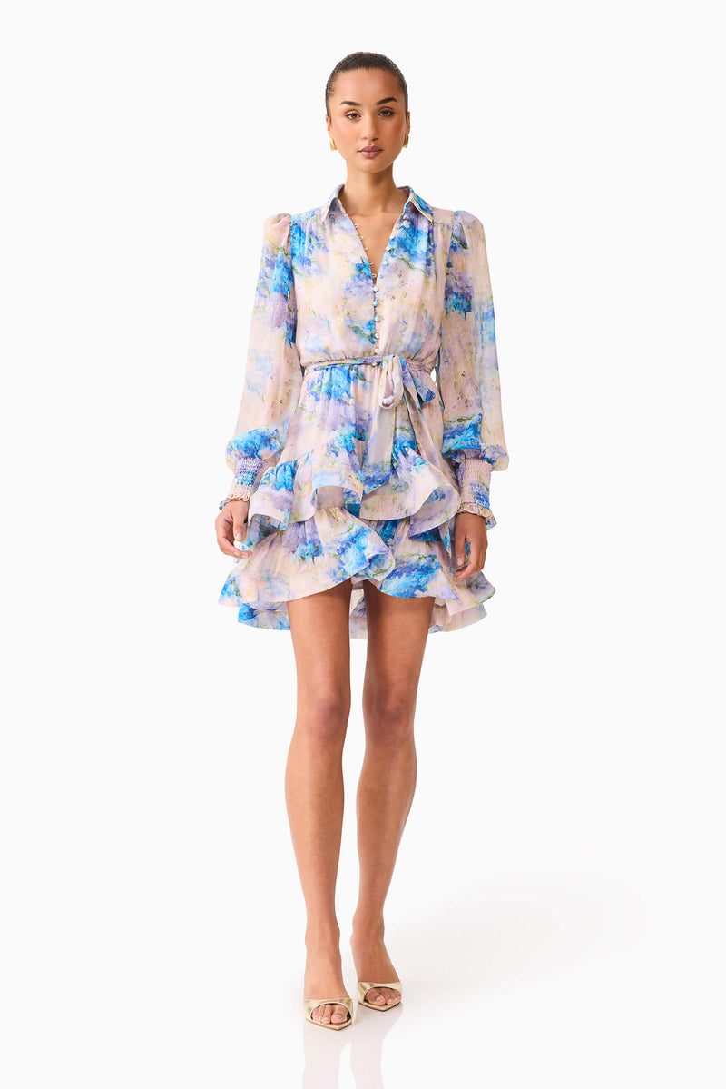 Brunette model wearing Briony Long Sleeve Mini Dress in Pink & Blue Floral posed shot