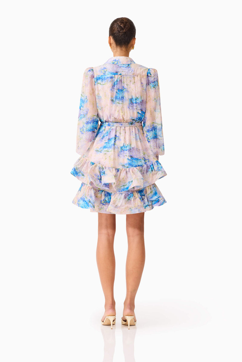 Brunette model wearing Briony Long Sleeve Mini Dress in Pink & Blue Floral back shot