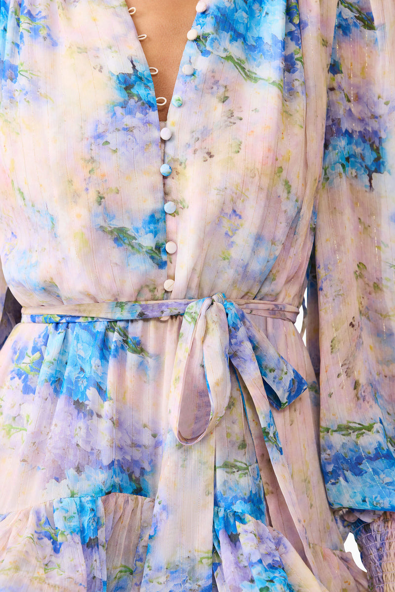Briony Long Sleeve Mini Dress in Pink & Blue Floral detail shot