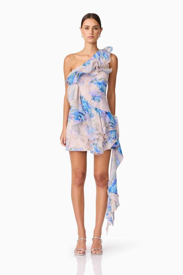 Brunette Model Wearing Briony Asymmetrical Mini Dress in Floral Front Shot