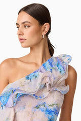 Brunette Model Wearing Briony Asymmetrical Mini Dress in Floral Detail Shot